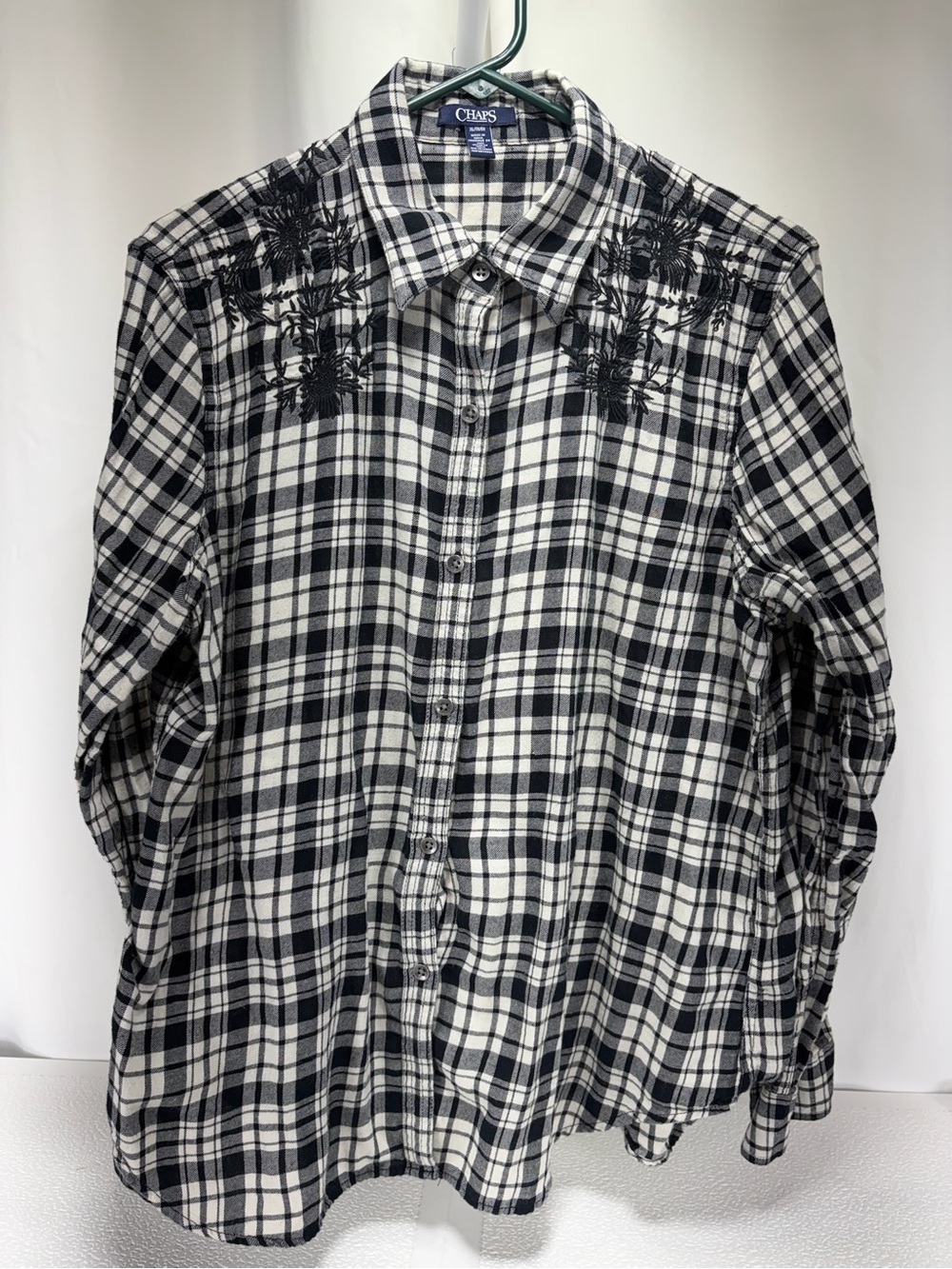 Chaps Black & White Plaid Button-Up Shirt with Shoulder Embroidery 4623